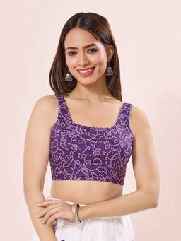 VAMAS - THE DESIGNER BLOUSES - Purple Navratri Special Cotton Bandhani Printed Round Neck Blouse