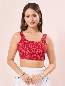 VAMAS - THE DESIGNER BLOUSES - Red Navratri Special Cotton Bandhani Printed Round Neck Blouse