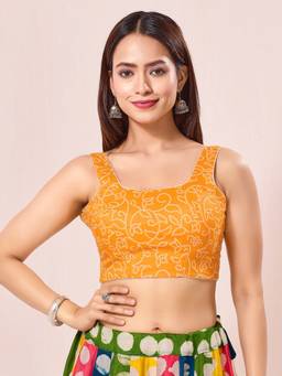 VAMAS - THE DESIGNER BLOUSES - Yellow Navratri Special Cotton Bandhani Printed Round Neck Blouse