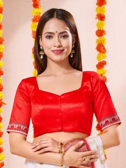 VAMAS - THE DESIGNER BLOUSES - Red Durga Pooja Special Sweetheart Neck Half Sleeves Blouse