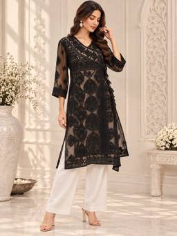 Sindh Fashion - Black Georgette Floral Embroidered Kurta