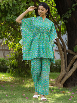 Jaipur Kurti - Green Ethnic Printed Cotton Kaftan With Pants Lounge Wear