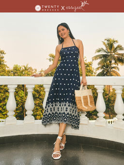 Twenty Dresses by Nykaa Fashion - Essgee Dark Blue Halter neck Cut Out Detail Midi Dress