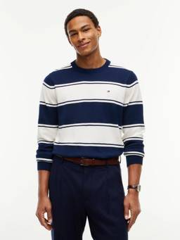 Tommy Hilfiger - Navy Blue Striped Regular Fit Cotton Sweater