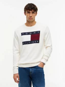Tommy Hilfiger - White Embroidered Logo Regular Fit Cotton Sweater