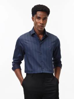 Tommy Hilfiger - Navy Blue Striped Slim Fit Satin Woven Shirt