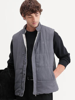 Rare Rabbit - Men Dark Grey Solid High Neck Reversible Jacket