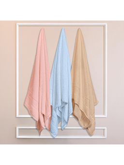 Himeya - 100% Cotton Towels for Bath Golden Beige, Steel Blue and Butter Pink (Pack of 3)