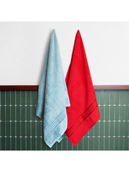 Himeya - 100% Cotton Towels for Bath Crise Blue and Spanish Red (Pack Of 2)