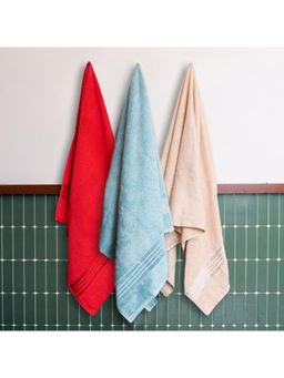 Himeya - 100% Cotton Towels for Bath Spanish Red, Crise Blue and Desert Sand (Pack Of 3)