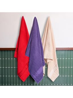 Himeya - 100% Cotton Towels for Bath Spanish Red, Matt Purple and Desert Sand (Pack Of 3)