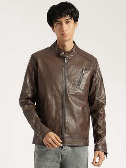 United Colors of Benetton - Regular Fit Brown Solid Vintage Pu Biker Jacket