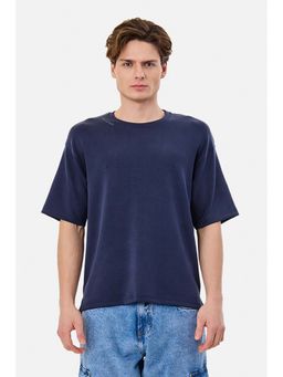 Snitch - Navy Blue Solid Half Sleeves Oversized Casual T-Shirt
