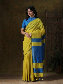Triyah - Kiwi Blue Dual Shade Cotton Handloom Saree without Blouse