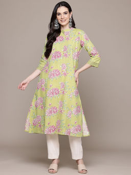 Readiprint - A Line Style Cotton Fabric Green & Pink Kurta