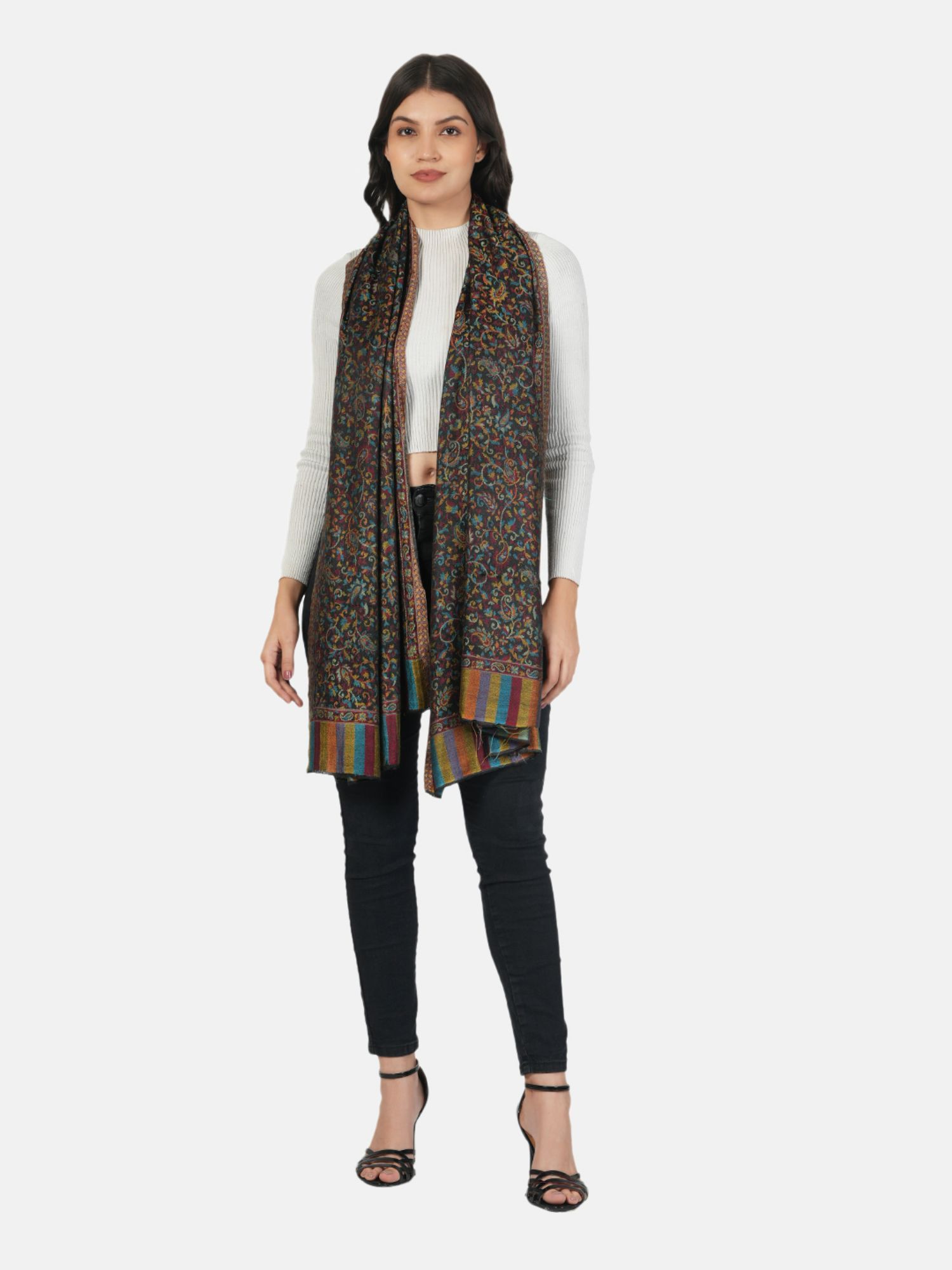 muffly Fine Soft Ethnic Bamboo Silk Shawl- Authentic Kashmiri Jamawar Design-Multi-Color-picture-26