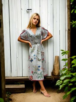 AAREIN - Off-White Printed Fit and Flare Casual Midi Dress