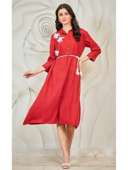AAREIN - Red Shirt Collar Solid A-Line Party Midi Dress with Belt