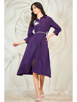 AAREIN - Purple Shirt Collar Solid A-Line Party Midi Dress with Belt