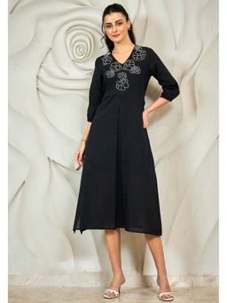 AAREIN - Black V-Neck Embroidered A-Line Party Midi Dress