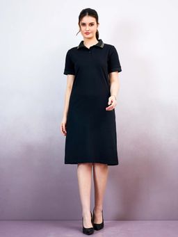 AAREIN - Black Shirt Collar Solid T-Shirt Formal Dress