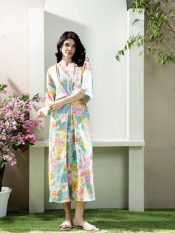 AAREIN - Blue V-Neck Printed Wrap Casual Midi Dress