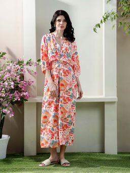 AAREIN - Orange V-Neck Printed Wrap Casual Midi Dress