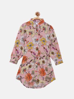 KiddoPanti - Girls Pink Rayon Full Sleeve Shirt Dress