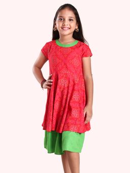 KiddoPanti - Girl's Layered Printed Ghera Dress
