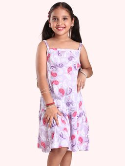 KiddoPanti - Girls Purple Cotton Bottom Gathered Strap Dress