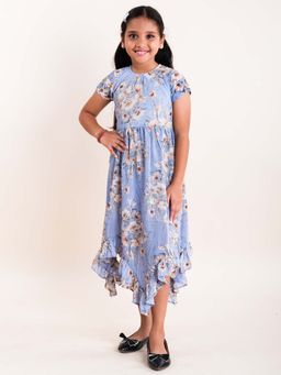 KiddoPanti - Girls Blue Georgette Asymmetric Frill Hem Dress