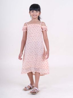 KiddoPanti - Girls Peach Georgette Off Shoulder Dress