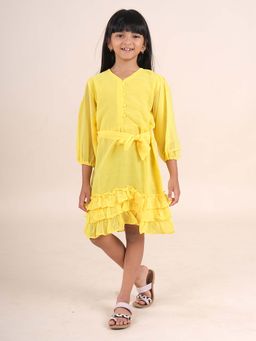 KiddoPanti - Girls Georgette V Neck Ruffle Dress with Belt