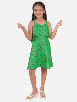 KiddoPanti - Girls Green Rayon Printed Strap Layered Dress