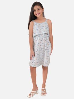 KiddoPanti - Girls Grey Rayon Printed Strap Layered Dress