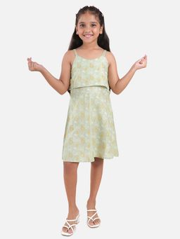 KiddoPanti - Girls Green Rayon Printed Strap Layered Dress