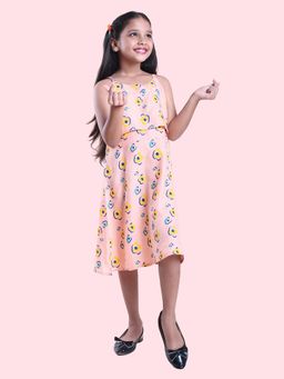 KiddoPanti - Girls Pink Rayon Printed Strap Layered Dress