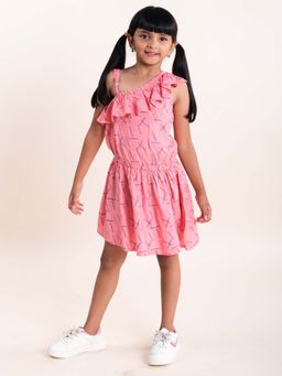KiddoPanti - Girls Pink Rayon One Shoulder Frill Layer Dress