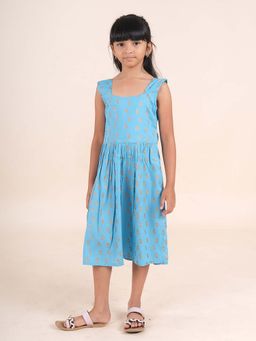 KiddoPanti - Girls Blue Rayon Square Neck Sleeveless Frock