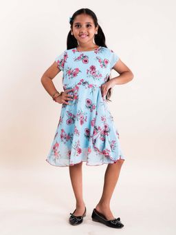 KiddoPanti - Girls Blue Georgette Kimono Sleeve Drape Panel Dress