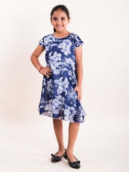 KiddoPanti - Girls Navy Blue Georgette Kimono Sleeve Drape Panel Dress