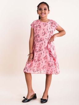 KiddoPanti - Girls Pink Georgette Kimono Sleeve Drape Panel Dress