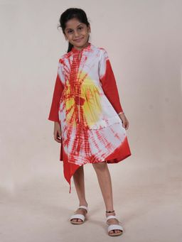 KiddoPanti - Girls Red Rayon F/S Tie and Dye Dress with Frill Detailing