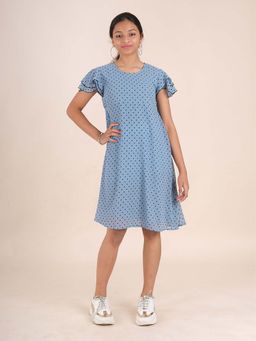KiddoPanti - Girls Blue Georgette Frill Layer Flare Dress