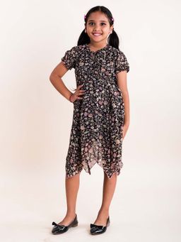KiddoPanti - Girls Black Georgette Asymmetric Dress