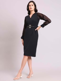 Powersutra - Black V-Neck Stretch Midi Dress with Fancy Belt