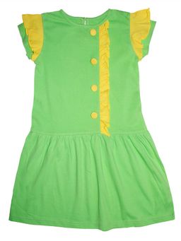 KiddoPanti - Girls Green Cotton Frill Front Frill Line Solid Knit Dress