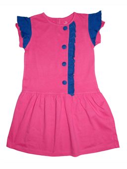 KiddoPanti - Girls Pink Cotton Frill Front Frill Line Solid Knit Dress