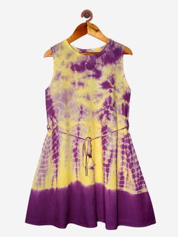KiddoPanti - Girls Yellow Rayon Tie and Dye Dress with Dori