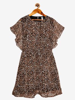 KiddoPanti - Girls Brown Georgette Knee Length Dress